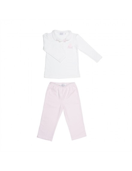 COTOLINI PYJAMA POLO LONG FILLE ALEXINE RAYURE ROSE FLANELLE